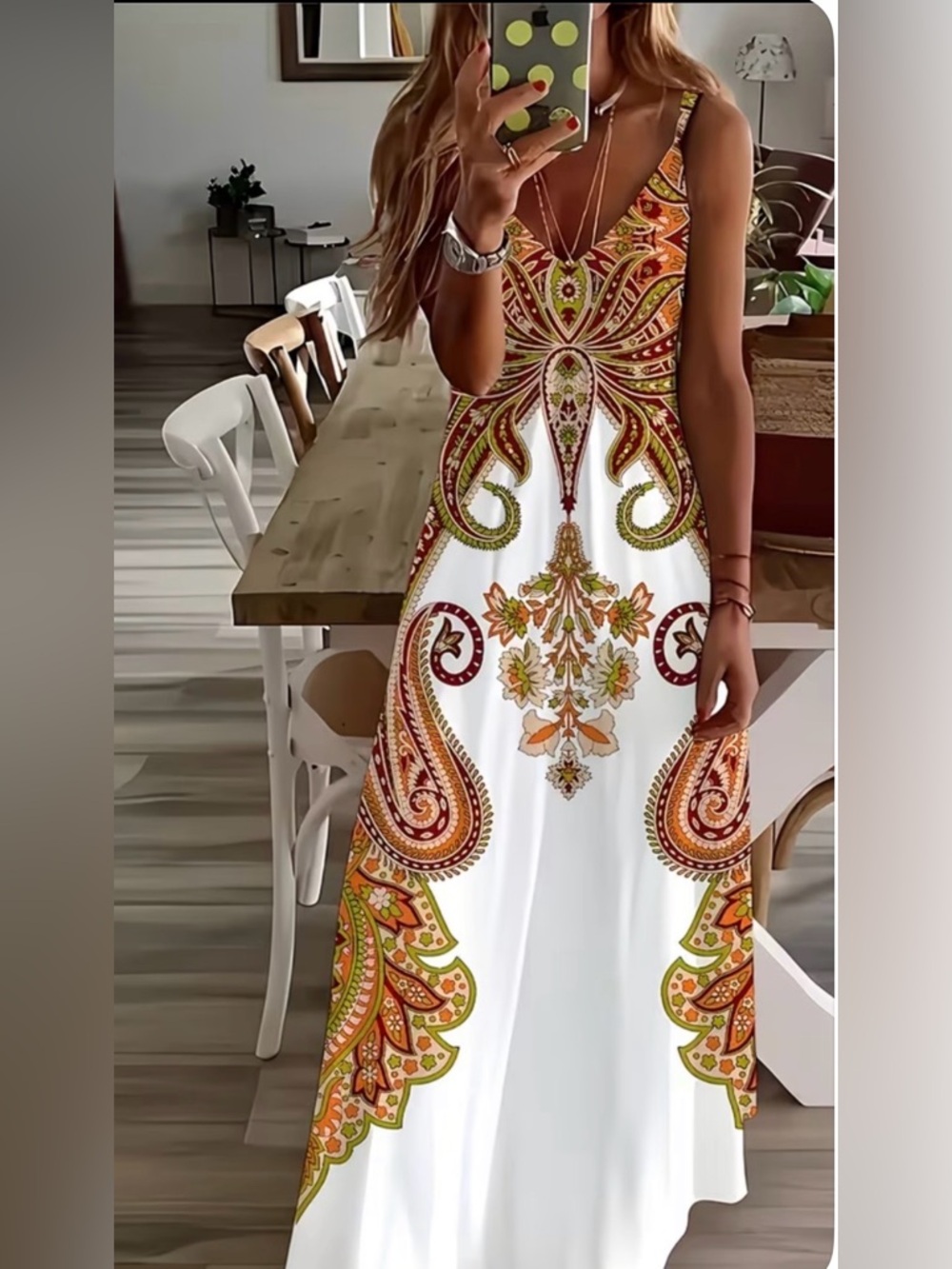 Bohemian White Maxi Dress with Orange & Green Paisley Print